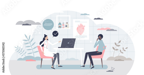 Consulting doctor and appointment at medical clinic room tiny person concept, transparent background. Patient visit cardiology for health assistance, support or recommendation illustration.