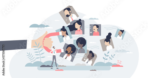 Growing customer base with successful marketing magnet tiny person concept, transparent background. Increase business audience or clients with advertisements and excellent campaign illustration.