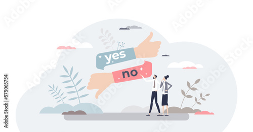 Yes or no answer to asking question as choice decision tiny person concept, transparent background.Compare, choose one and select correct option illustration. © VectorMine