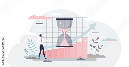 Long term investment with financial profit in future tiny person concept, transparent background. Slow and steady economy and stock growth after deposit and money return later illustration.