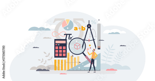 Mathematics as algebra, geometry and physics study tiny person concept, transparent background. Numbers and equations knowledge with university education learning illustration.