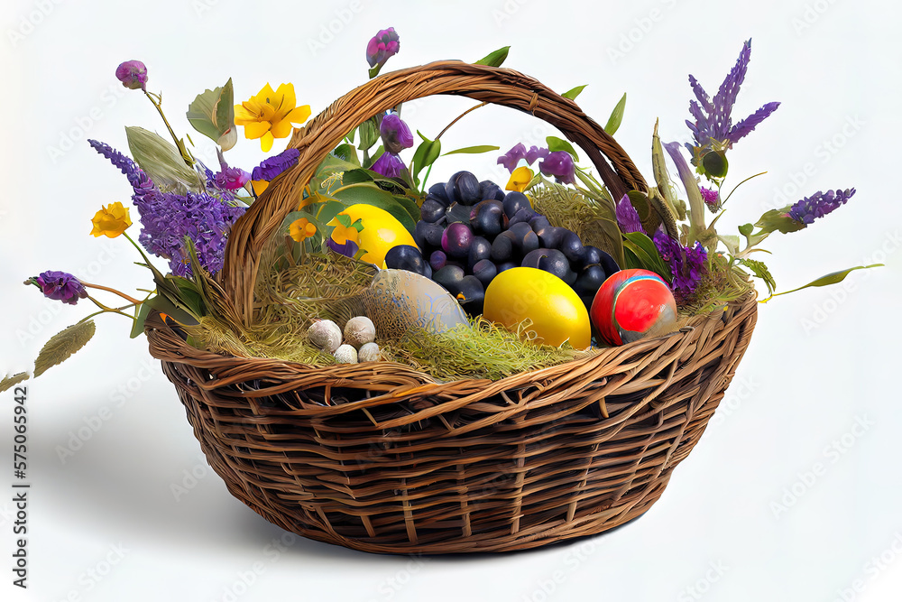 Empty wicker basket for flowers. Large birds nest inside mothers day love heart. Generative Ai
