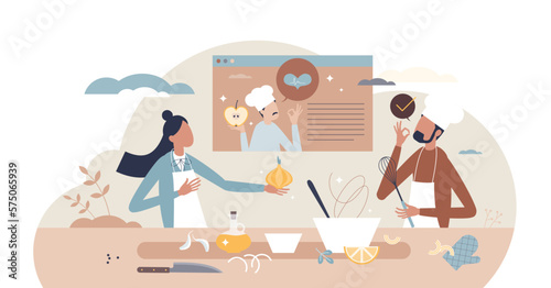 Nutrition workshop about healthy food preparation tiny person concept, transparent background. Balanced diet and product choices for good health and wellbeing. Online course or live webinar session.