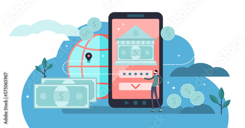 Online banking illustration, transparent background. Flat tiny money transfer persons concept. Mobile finance payment using electronic technology. Global and secure salary income account method.