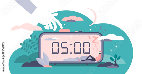 Snooze illustration, transparent background. Work or sleep postpone in flat tiny persons concept. Alarm timer with nap button on clock.