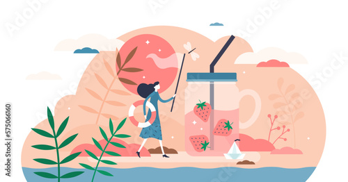 Summer illustration, transparent background. Hot season elements flat tiny persons concept. Warm weather with symbolic fresh fruit drink and water leisure. Exotic environment and beautiful flora.