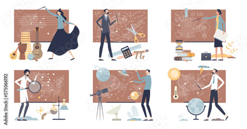 Teachers learning and academic teaching occupation tiny person collection set, transparent background. Mini scenes with music, math, literature, chemistry.