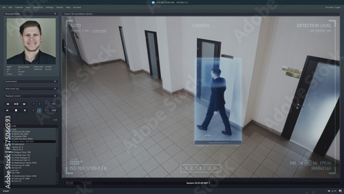 Playback office CCTV camera on computer. Interface of AI software with digital facial recognition and personal profile with information about people. Security camera with face scanning analyze system.