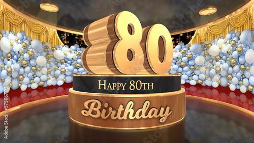80th Birthday backdrop, poster, flyer 3d render illustration in gold with balloons and fireworks background photo