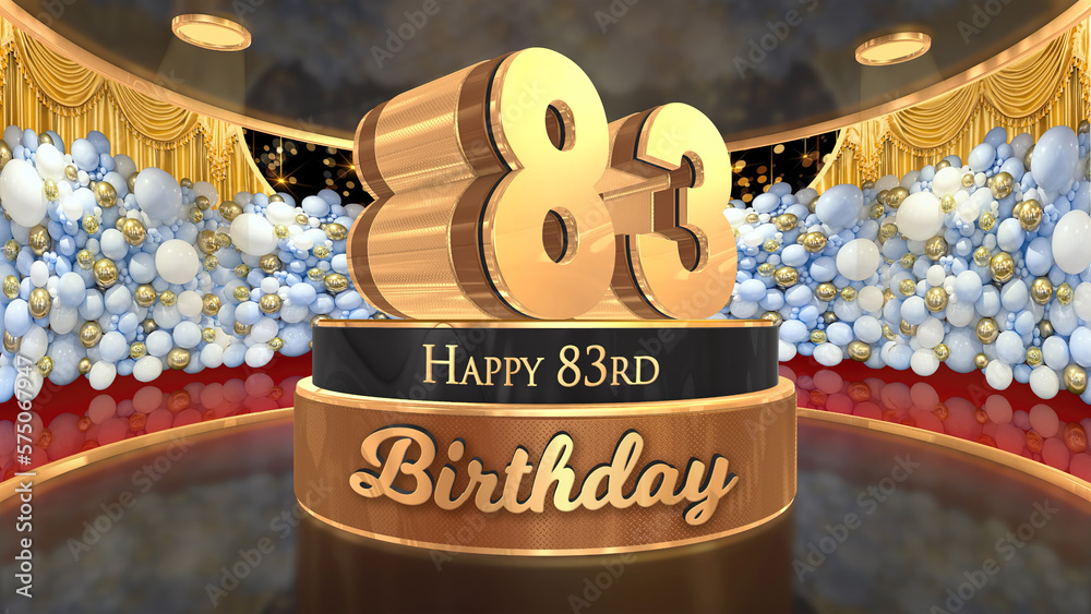 83rd Birthday backdrop, poster, flyer 3d render illustration in gold ...