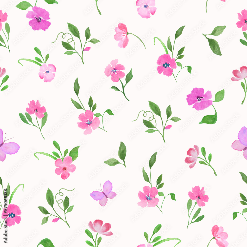 Watercolor floral seamless pattern with painted pink flowers. Hand drawn  illustration isolated on pastel background. 