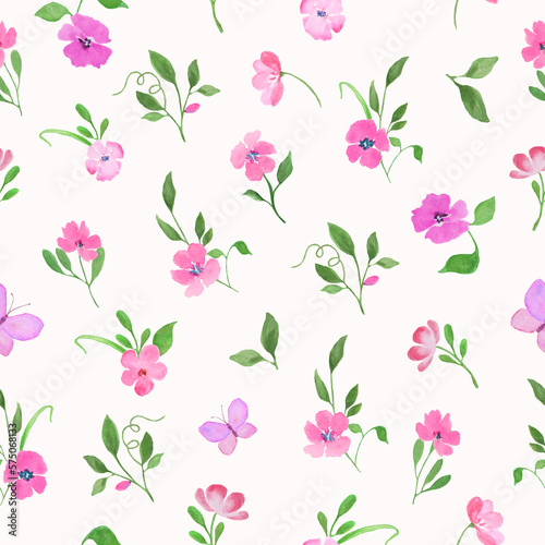 Watercolor floral seamless pattern with painted pink flowers. Hand drawn illustration isolated on pastel background. 