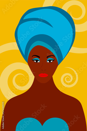 Front Portrait of beautiful African Woman with Turban on her head. Female Silhouette on abstract background