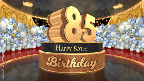 85th Birthday backdrop, poster, flyer 3d render illustration in gold with balloons and fireworks background photo
