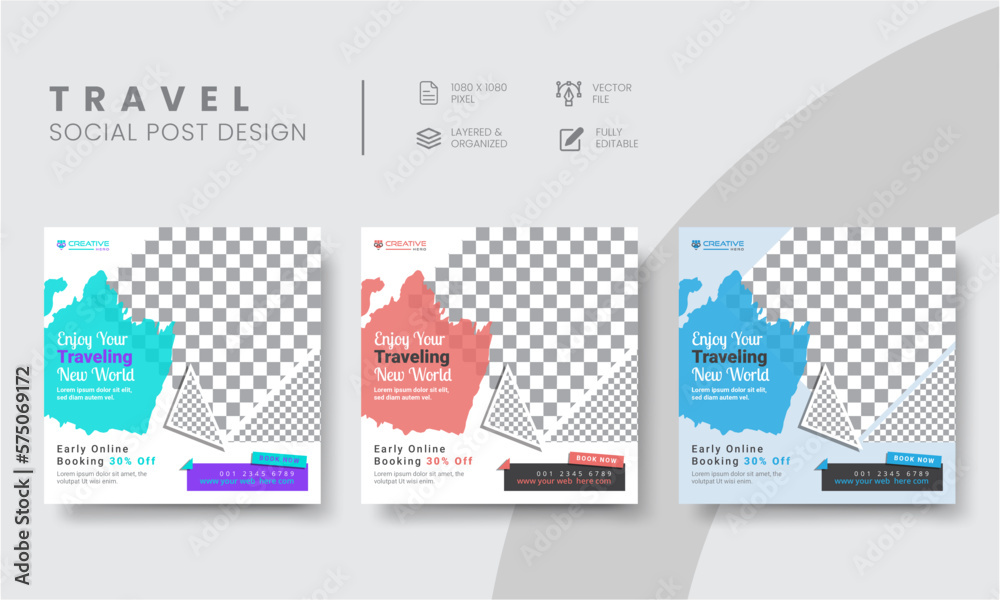 Best Creative Vacation, Tour, and Travel Social Media Post Layouts Design For High Engaging Traveler Vacation Square Banner Ads Templates. Vol - 28