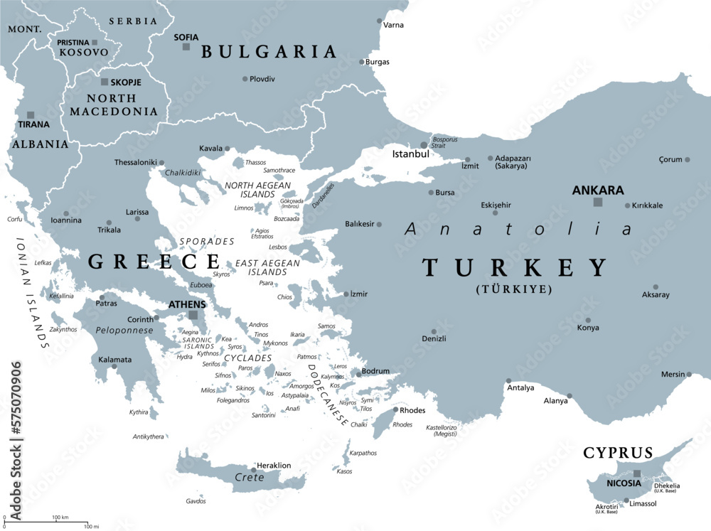 Aegean Sea region, with Aegean Islands, gray political map. An