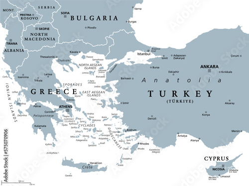 Aegean Sea region, with Aegean Islands, gray political map. An elongated embayment of the Mediterranean Sea, located between Europe and Asia, between the Balkans and Anatolia, and Greece and Turkey.
