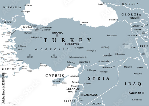 Turkey and Syria region, gray political map. Geographic area of Anatolia, a peninsula and landmass making up most of the territory of contemporary Turkey, with neighbouring and surrounding countries.
