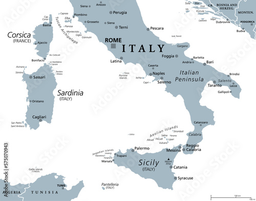 Southern Italy, Meridione or Mezzogiorno, gray political map. Macroregion of Italy consisting of its southern regions Abruzzo, Apulia, Basilicata, Calabria, Campania, Molise, Sardinia, and Sicily.