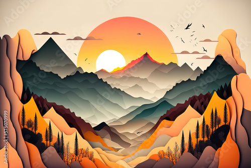 Landscape with mountains against the backdrop of a neon sunset. AI
