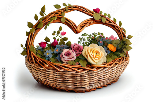 Empty wicker basket for flowers. Large nest for heart shape love. Generative Ai