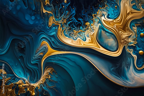 blue and gold abstract painting with a black background. Generative AI