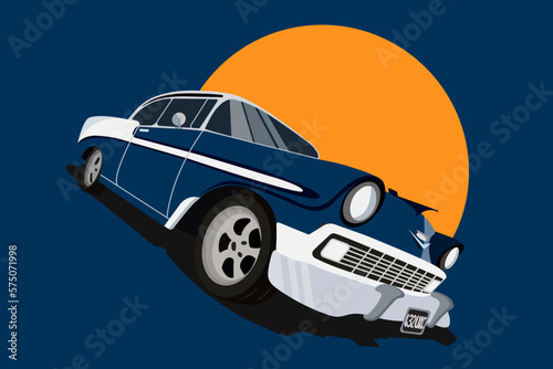 Retro car with sunset on blue background, vector illustration