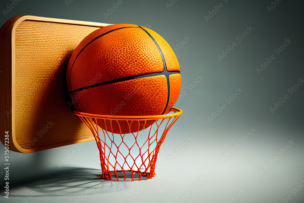 The orange basketball ball flies through the basket. Professional sport concept. Generative Ai