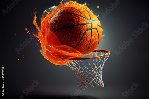 The orange basketball ball flies through the basket. Professional sport concept. Generative Ai © Mukhlesur