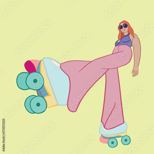 roller skates at an outdoor skate park.  roller skates in a vintage derby pose. roller skating girls. girl power concept poster. photo shooting.