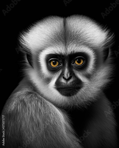 Generated black and white portrait of a capuchin on a black background with yellow eyes 