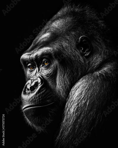 Generated black and white portrait of a gorilla in profile against a black background with yellow eyes 
