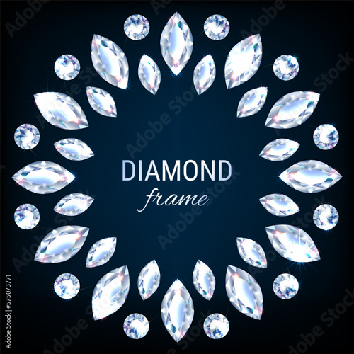  Circle frame from realistic diamond gemstones on black background. Jewelry design elements with shiny diamonds. Banner, poster, gift card, invitation template. Vector.