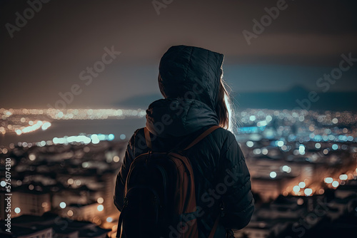 A woman looking towards a distant city at night