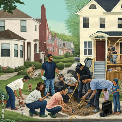 group of multi cultural multi ethnic , multi-racial friends fixing up their neighborhood, hanging out, friend groups , Ai generated , social justice, advocacy