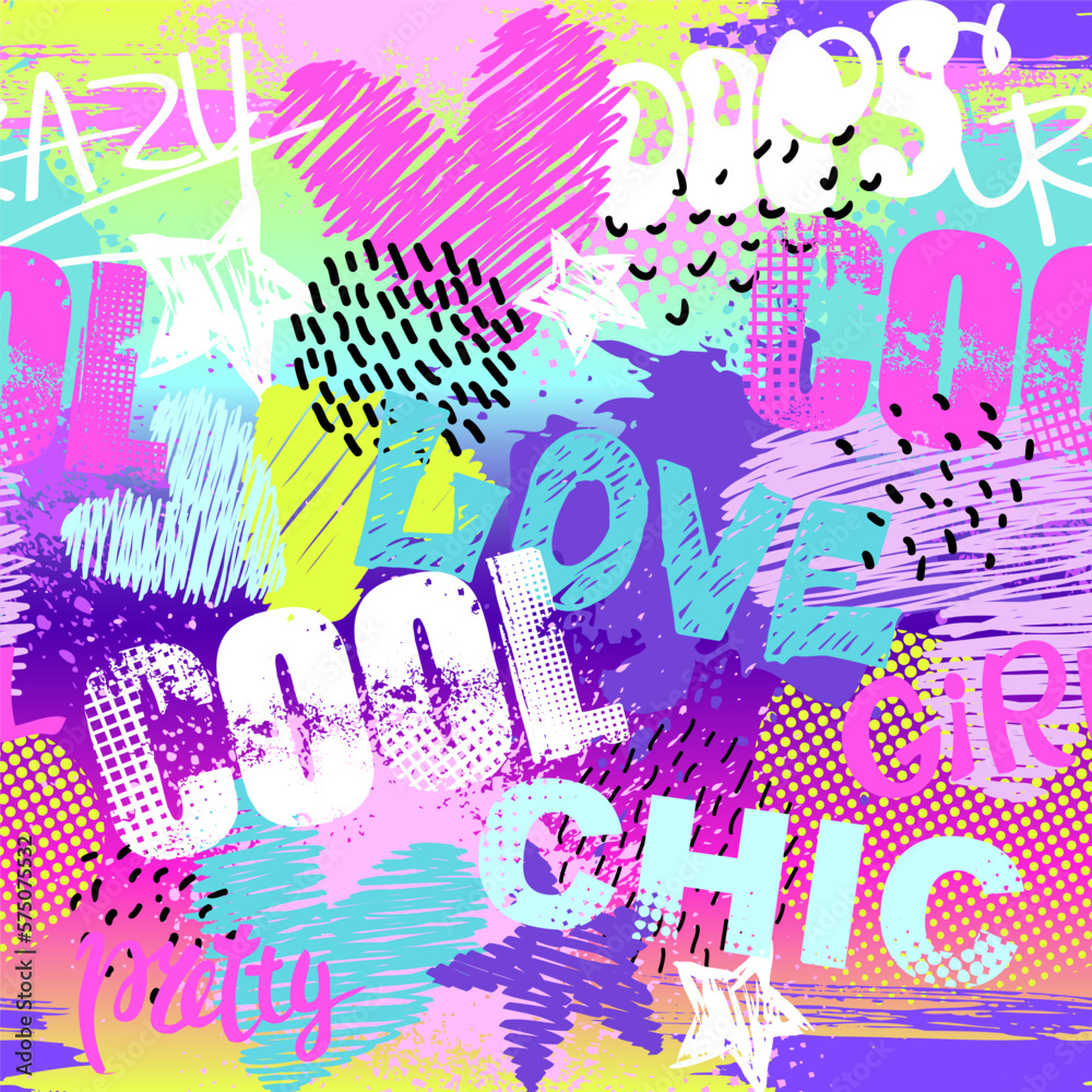 Abstract seamless chaotic pattern with urban geometric elements, graffiti, words, heart. Grunge neon texture background. Print for girls. Fashion style
