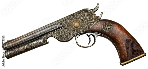 Vintage pistol decorated with ornate engraving. AI generated illustration.