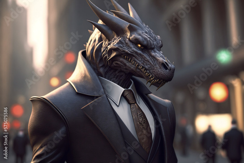 A dragon in a business suit on the street, made with Generative AI