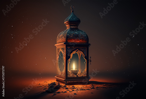 Ornamental Arabic lantern with the burning candle
