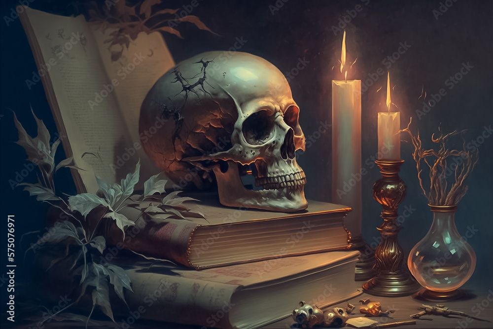 Human skull on the books and candles around. Eerie Nocturnal Still Life. Generative AI.