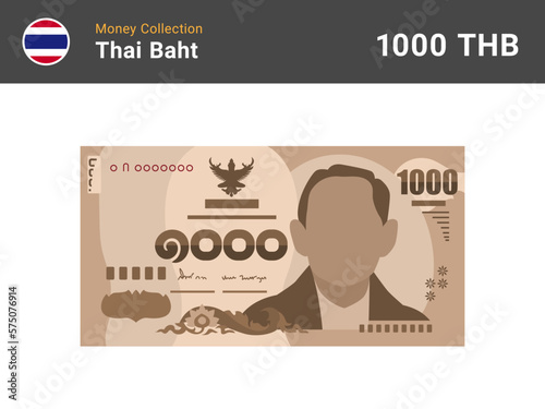 Thai baht 1000 banknone. Paper money of Thailand. One thousand THB. Flat icon style. Ready cash. Currency note symbol. Vector illustration. photo