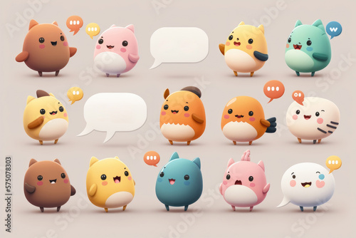 A cute group of different animals and birds communicates with colorful speech bubbles, perfect for playful designs. Generative AI photo