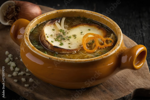 Classic French onion soup baked with cheese croutons Generative AI