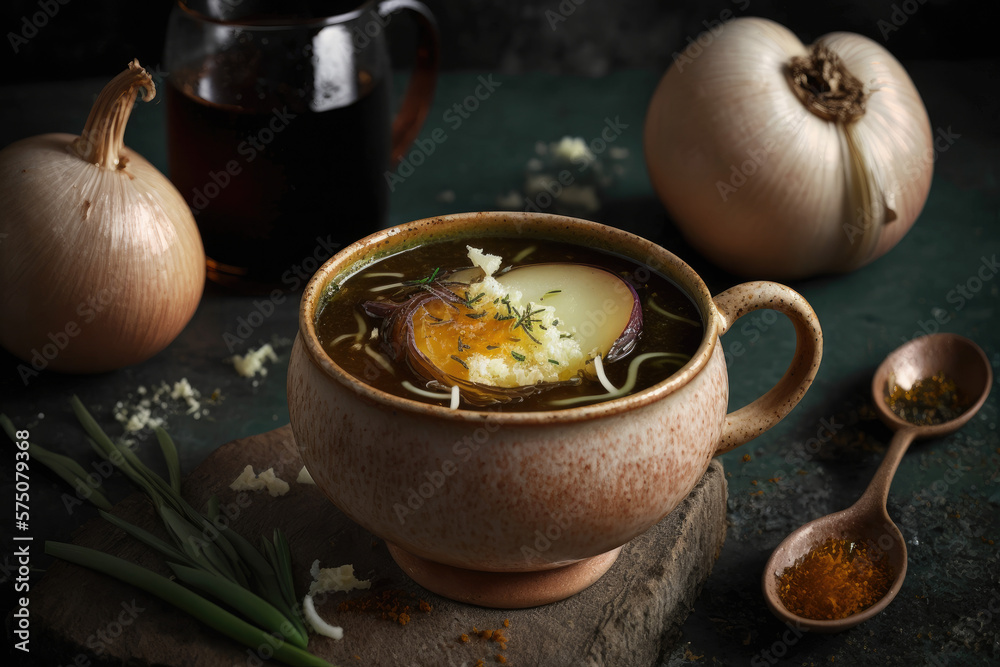 Classic French onion soup baked with cheese croutons Generative AI