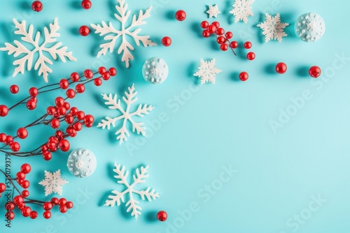 Christmas Decoration Snowflake, Red Berry, Winter Blue Background Joyful Seanson New Year Celebration. Generative AI