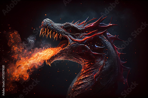 Red giant dragon breathing fire on dark background,Generative AI