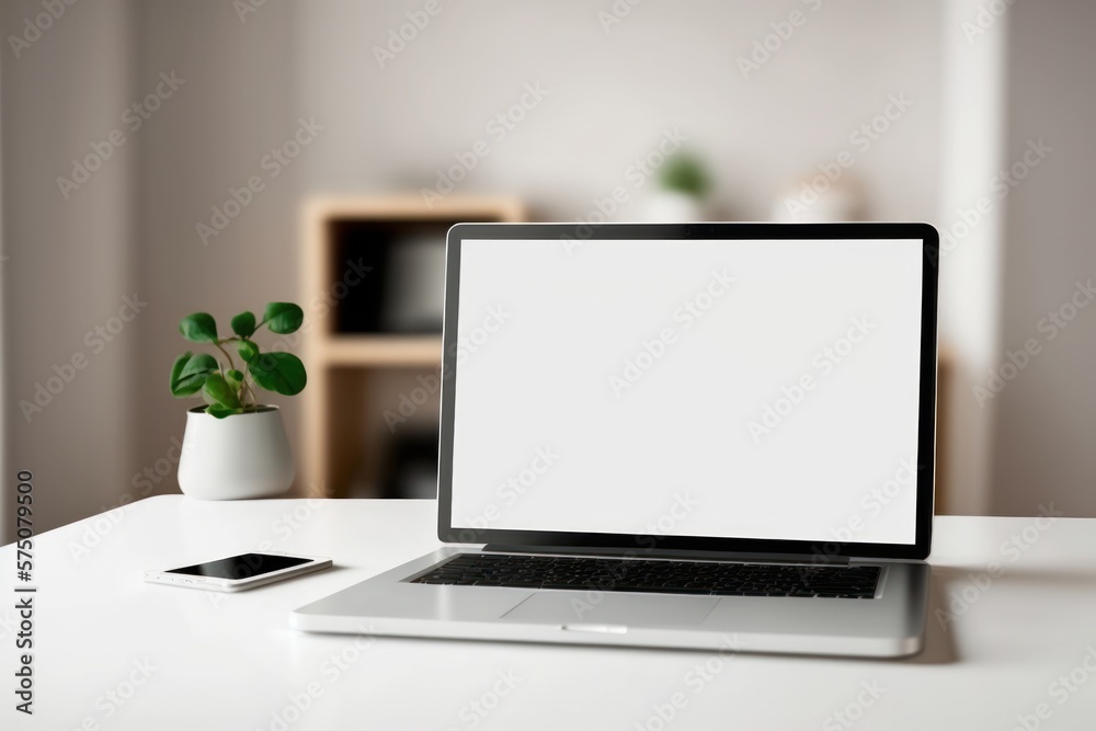 Minimalistic: A Computer Laptop Mockup on a Clean White Table Background Blank Screen Ready for Your Design. Generative AI Minimalistic: A Computer Laptop Mockup on a Clean White Table Background Blank Screen Ready for Your Design. Generative AI