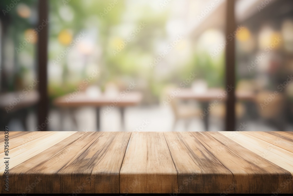 Blurred Background Wooden Board Table Mockup. Generative AI Blurred Background Wooden Board Table Mockup. Generative AI