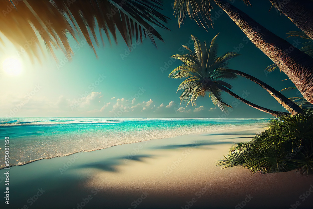 Summer holiday backgrouns. Beach  with plam trres,  blue sea, exotic seascape.