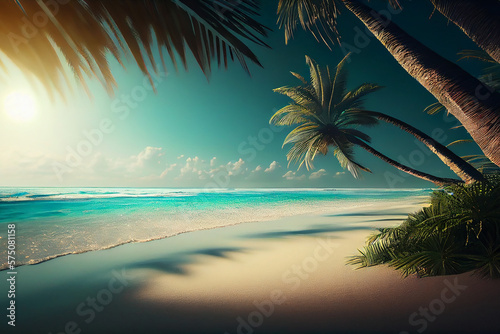 Summer holiday backgrouns. Beach with plam trres, blue sea, exotic seascape.